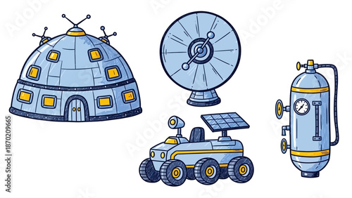 Set of space exploration equipment, including a habitat, satellite dish, rover, and oxygen tank.