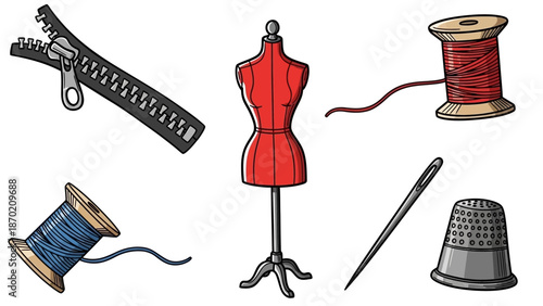 Sewing and Tailoring Tools Collection - Zipper, Mannequin, Thread Spools, Needle, and Thimble.