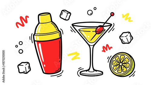 Vibrant Cocktail Shaker and Martini Glass with Lemon Slice and Ice Cubes.