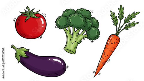Vibrant Cartoon Vegetables - Tomato, Broccoli, Eggplant, and Carrot Illustration.
