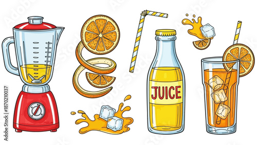 Vibrant Collection of Fresh Orange Juice Preparation and Serving Elements.