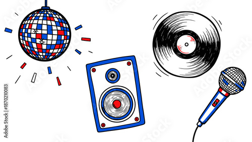 Vibrant Disco Ball, Speaker, Vinyl Record, and Microphone Illustration.