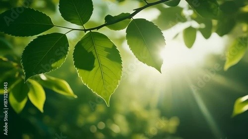 Sunlight Through Fresh Green Leaves On Branch In Lush Forest Setting