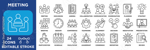 Meeting icon set illustrating discussion, agenda, collaboration, communication, planning, strategy, teamwork, decision-making, leadership, and presentation activities. vector lineal 
