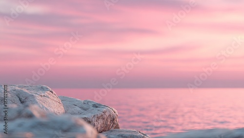 Pink sky reflects on tranquil ocean near textured rocks at dawn.