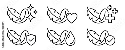 Sensitive skin icon set. Organic cosmetic skin care components for healthy and hydrated skin. Sensitive skin label, logo, badge, sign, symbol, banner, black, line, flat vector, isolated illustration.