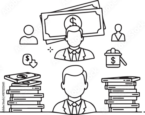 A black and white line art vector showing business professionals surrounded by stacks of cash and large banknotes, symbolizing corporate wealth, financial success, and profit distribution.
