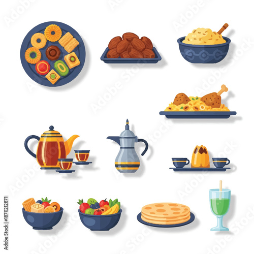 Assorted Food and Drink Items Illustration.