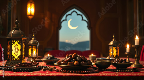 Ramadan iftar meal preparation with dates and lanterns
