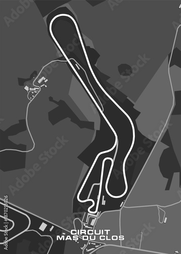 Map of the Circuit Mas du Clos race track. The track is outlined in white and winds through a landscape of varying shades of gray, representing different terrains.