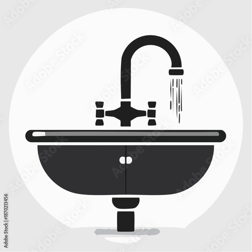 A black faucet with running water is installed above a sink basin