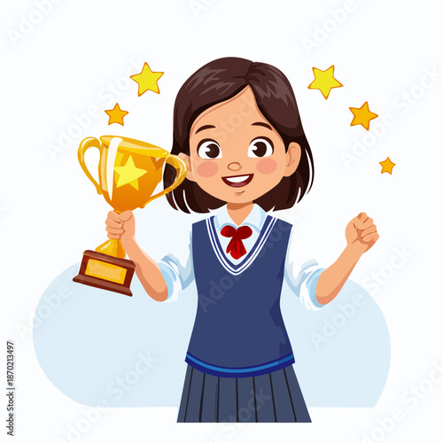 A young girl proudly holding a trophy and celebrating her achievement with joy and excitement