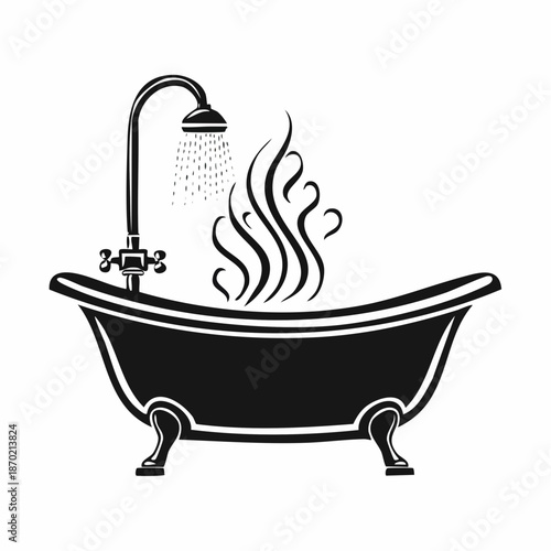 A serene bathtub scene with steam rising from the warm water under a flowing showerhead
