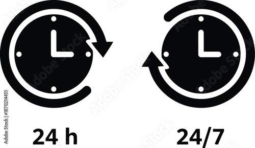 24h and 24/7 service icons, always open business support and delivery symbol