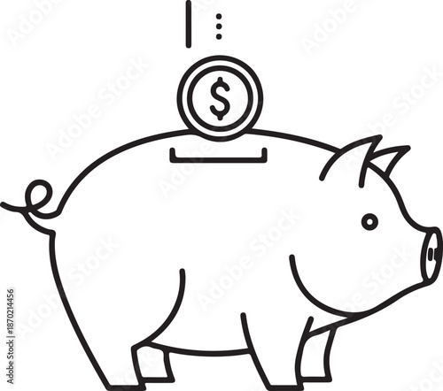 A minimalist black and white line art vector of a piggy bank with a dollar coin being inserted into the top slot, representing personal savings, banking, and financial management.