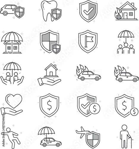 Insurance and protection line icons. health, auto, home, travel, finance, security services