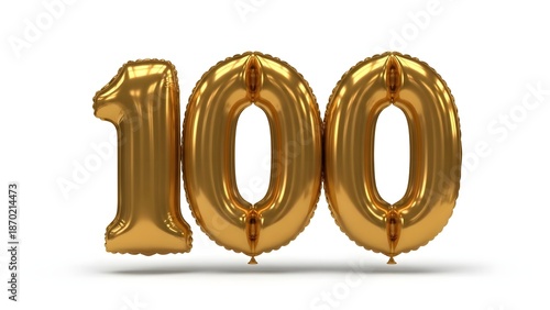 Gold number 100 balloon, metallic golden hundred celebration decoration isolated on white background
