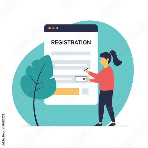 Woman filling out online registration form for website access.