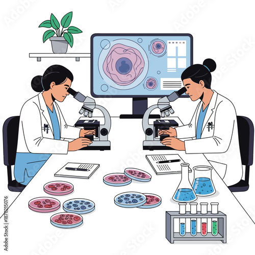 Two female scientists conducting research with microscopes in a laboratory.