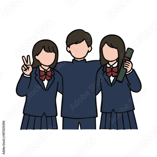 Flat illustration of happy student friends hugging each other celebrating graduation. Vector group of Japanese school boys and girls posing together for memory photo.