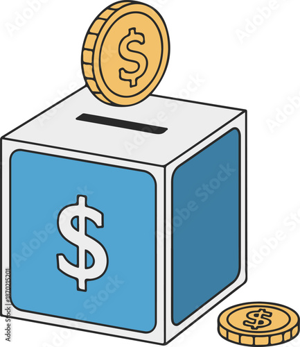A stylized vector illustration of a donation box with a dollar symbol, featuring a gold coin being deposited through the slot to represent charity, saving, or investment.