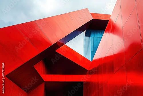 bold red angular modern building with intersecting geometric panels, blue glass inset and cloudy sky, dramatic futuristic urban composition