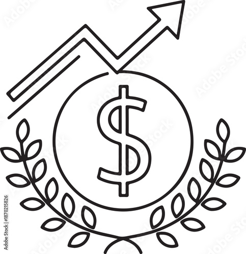 A minimalist line-art vector featuring a dollar coin framed by a laurel wreath with an upward-trending arrow, symbolizing financial growth, economic success, and monetary achievement.