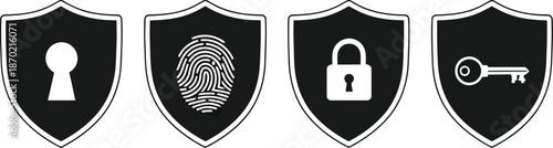 Cybersecurity data protection shield icons: biometric authentication, privacy & access control