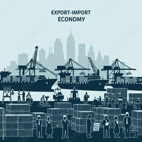 Busy port scene with cargo ships and workers.