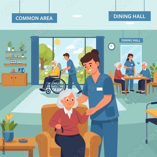 Caring male nurse assists elderly woman in a nursing home.