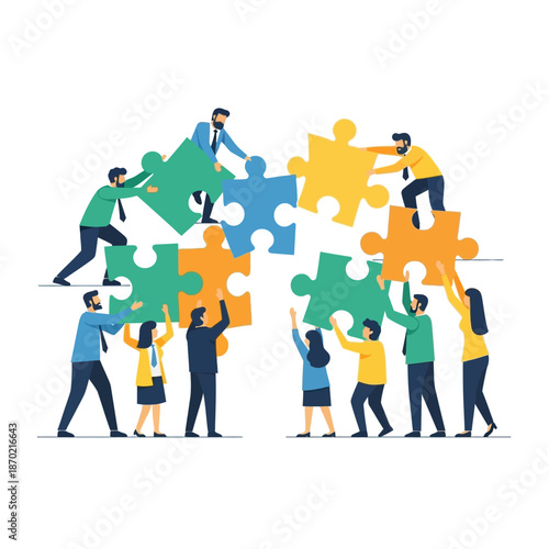 Diverse business team collaborating to assemble a large puzzle, symbolizing teamwork and problem-solving.