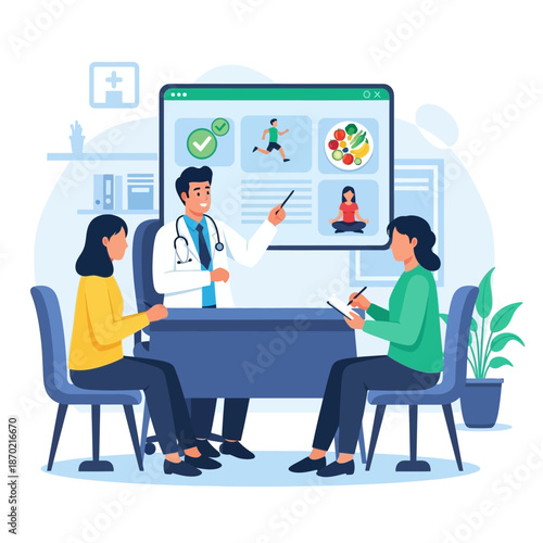 Doctor consulting two women about healthy lifestyle choices.