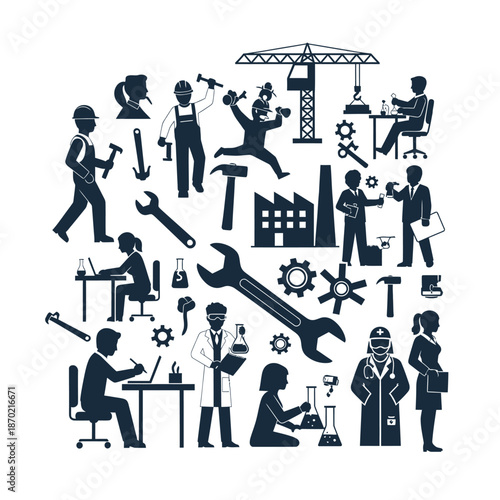 Diverse Professional Silhouettes Representing Various Industries and Occupations.