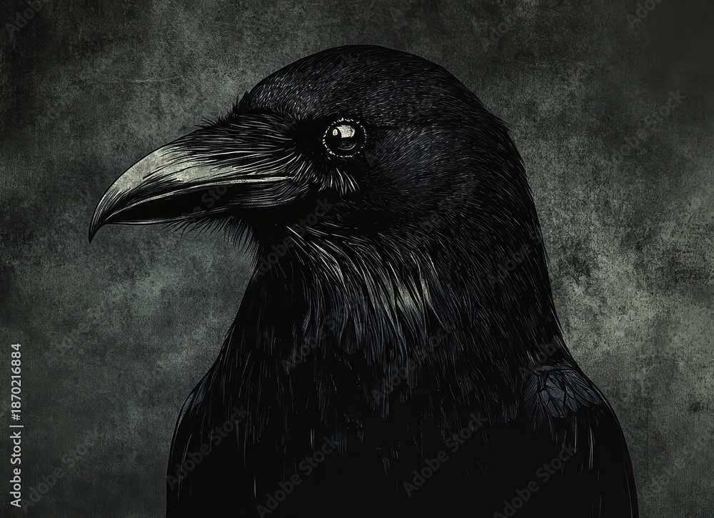 Fototapeta premium Detailed close-up illustration of a black raven with glossy feathers against a textured dark gray background, evoking a mysterious and intense mood