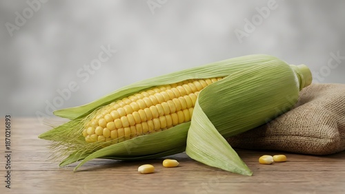 Wallpaper Mural Fresh corn on the cob resting on a rustic burlap sack on a wooden table with scattered kernels Torontodigital.ca