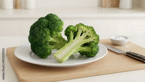 Wallpaper Mural Fresh broccoli florets on a white plate with a knife and dipping sauce on a wooden cutting board Torontodigital.ca
