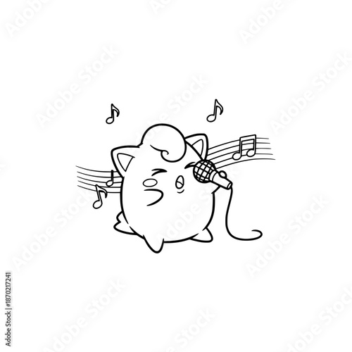 A cute cartoon cat singing into a microphone with musical notes around it