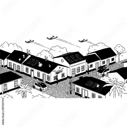 A black and white vector illustration of a suburban neighborhood with houses, cars, and airplanes flying overhead