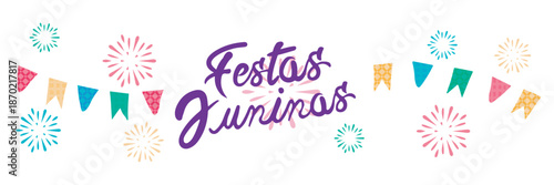 June Festivals with flags and fireworks. Brazilian Portuguese language. Transparent background.