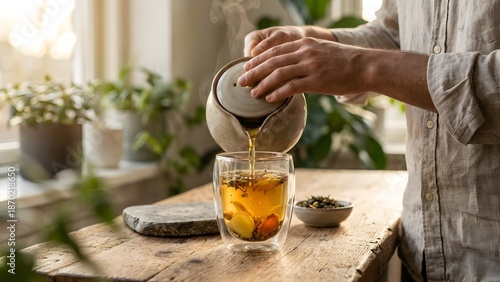 Wallpaper Mural Person pouring tea into a glass jar with fruit slices on a wooden table near a window with plants Torontodigital.ca