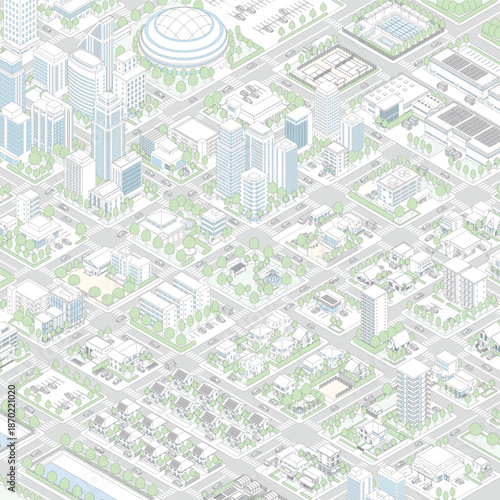 街並みの立体図. 都市の景観. アイソメ図で描いた都市.