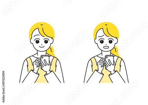 スマホを見るエプロン姿の女性イラストセット