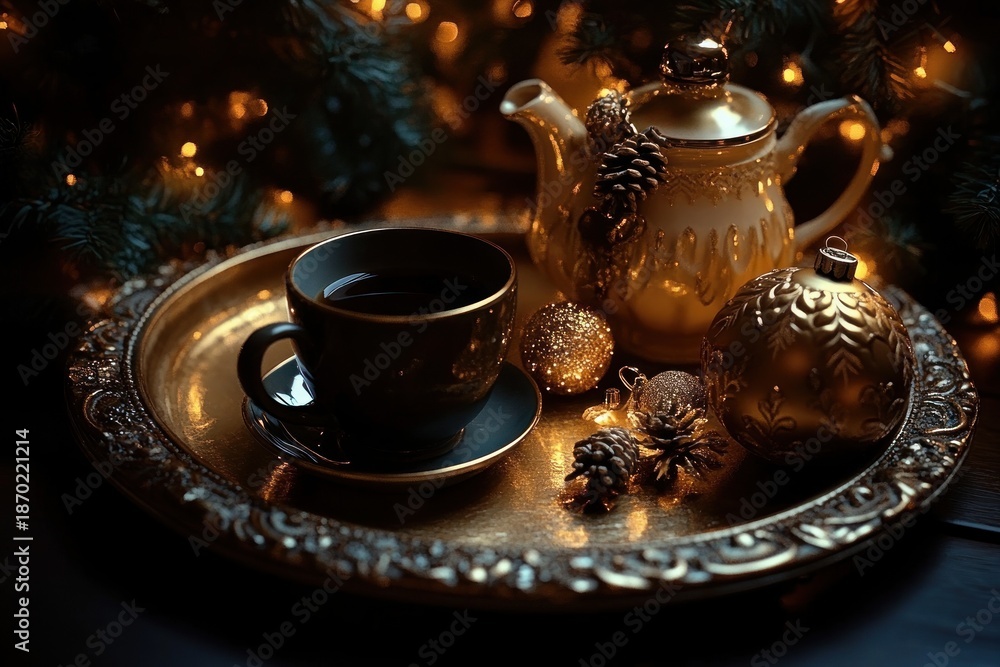 Fototapeta premium Elegant golden tea set with black cup and saucer placed on ornate golden tray surrounded by pinecones, glittery Christmas ornaments, and festive warm fairy lights