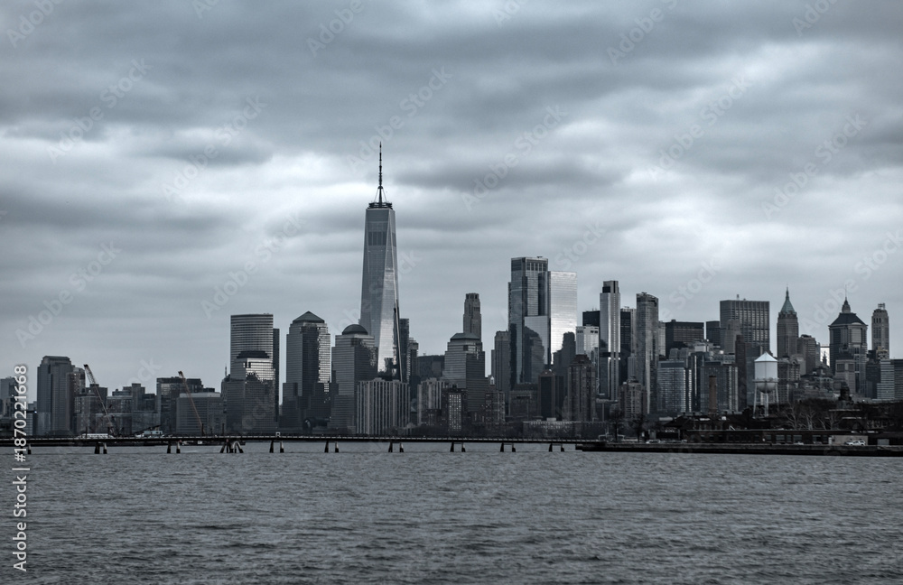 Fototapeta premium New York skyline city. NYC with Manhattan in blue dusk tones. New York skyline Manhattan. New York landmark cityscape. New York iconic panorama.