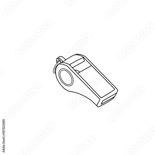 A black and white line art illustration of a whistle, isolated on a white background.