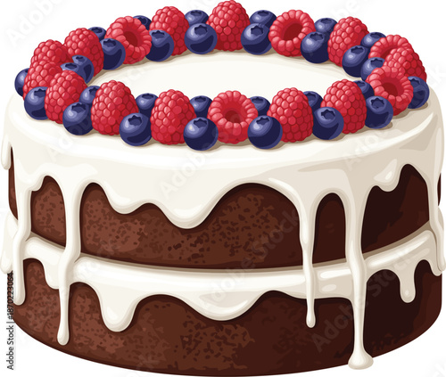 Chocolate Layer Cake Vector Illustration With White Cream Frosting And Fresh Raspberry And Blueberry Toppings For Bakery Design