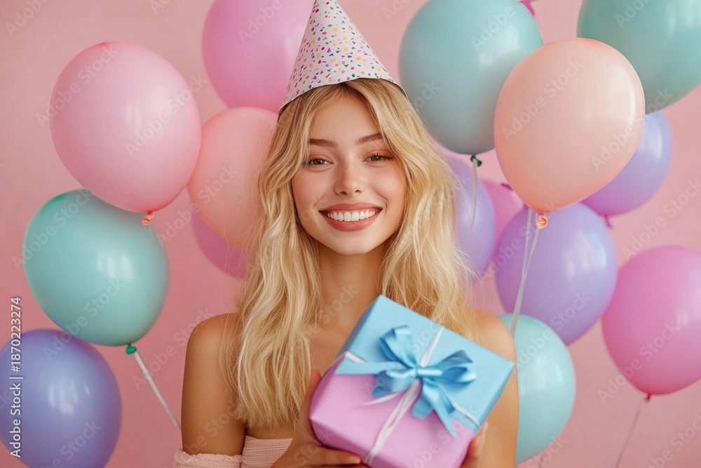 Obraz premium Young woman in a confetti party hat holding a pastel gift box with blue ribbon surrounded by pastel balloons, joyful celebratory mood