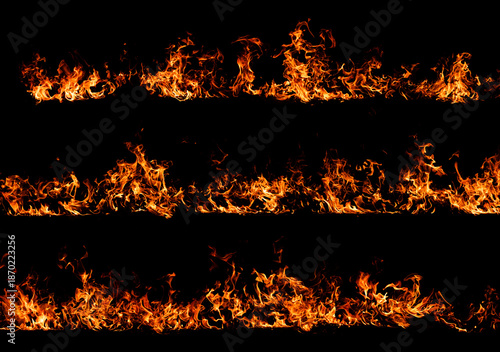 Horizontal fire line burning on black background. Fire border with heat. Dynamic flame line. Fire abstract frame border. Fire hot glowing design.