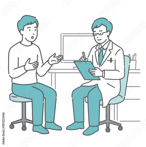 問診をする男性医師と男性患者（白衣・メガネ・医療従事者）