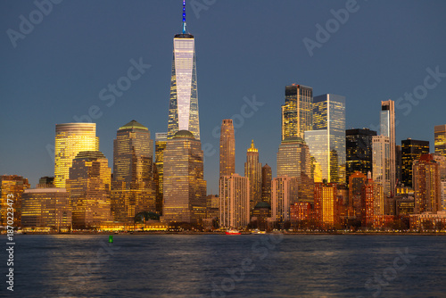 NYC with Manhattan at night. New York cityscape in Manhattan. New York skyline downtown. New York iconic skyline. New York panorama city.